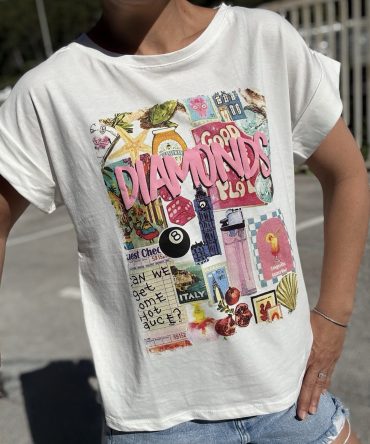 T-SHIRT MOTIF FOND BLANC TU.