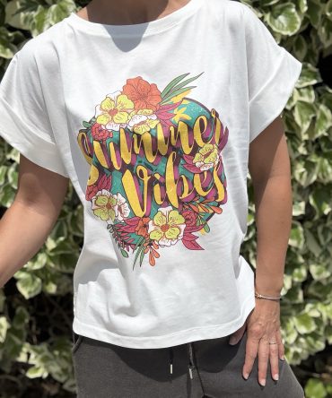 T-SHIRT MOTIF FOND BLANC TU.