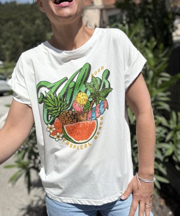 T-SHIRT MOTIF FOND BLANC TU 
