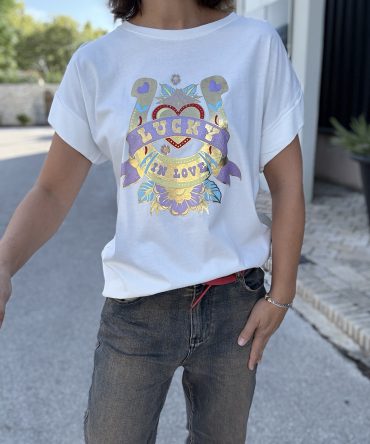 T-SHIRT MOTIF FOND BLANC TU